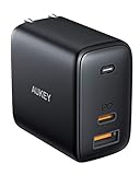 USB C Charger AUKEY Fast Charger 65W PD 3.0 with Dynamic Detect [GaN Power Tech] PD Charger, USB C Wall Charger Dual Port for iPhone 11 Pro Max, AirPods Pro, Google Pixel 3 XL, LG G7, Samsung, Huawei